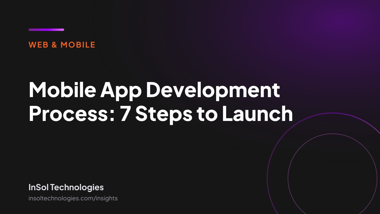 Cover reading Mobile App Development Process: 7 Steps to Launch, InSol Technologies
